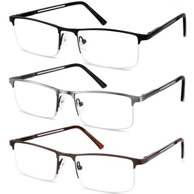 JJWELL 3 Pack Reading Glasses for Men Blue Light Blocking, Lightweight Metal Rectangle Semi Rimless Readers for Men, Anti Eyestrain/UV, Half Frame Spring Hinge Eyeglasses with Pouches 350