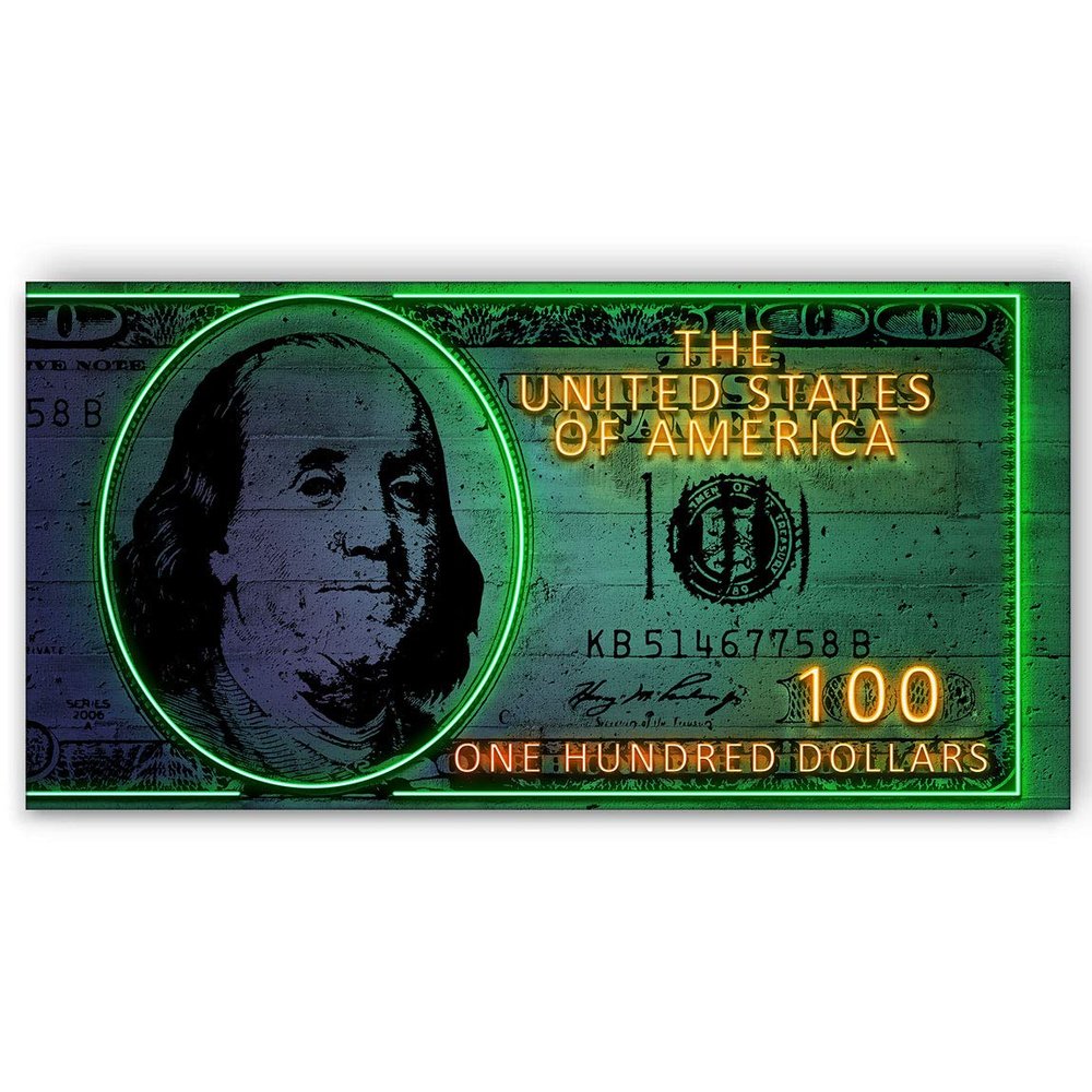 100 Dollars Bill Neon Sign Motivational Canvas Print Wall Art Office Decor, Entrepreneur Motivation, Money Artwork, Benjamin Franklin Neon Print, Money Bill Neon Sign (20" x 40")