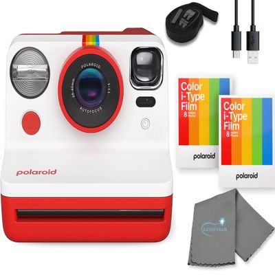 Polaroid Gen 2 Now I-Type Instant Film Camera - Red Bundle with 2 Color i-Type Film Pack (16 Instant Photos) and a Cleaning Cloth