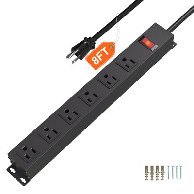 CFMASTER 6 Outlet Heavy Duty Power Strip with Long Power Cord,Mountable Power Strip Without Surge Protector for Garage,Industrial,School and Home,15A 125V 1875W,ETL Approved and Listed,Black (8FT)
