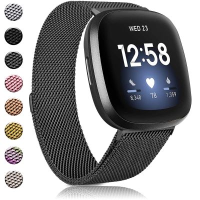 Amzpas Bands Compatible with Fitbit Versa 3 Fitbit Sense, Breathable Stainless Steel Loop Mesh Magnetic Adjustable Wristband for Fitbit Versa 3 / Sense for Women and Men(.Black,Small)