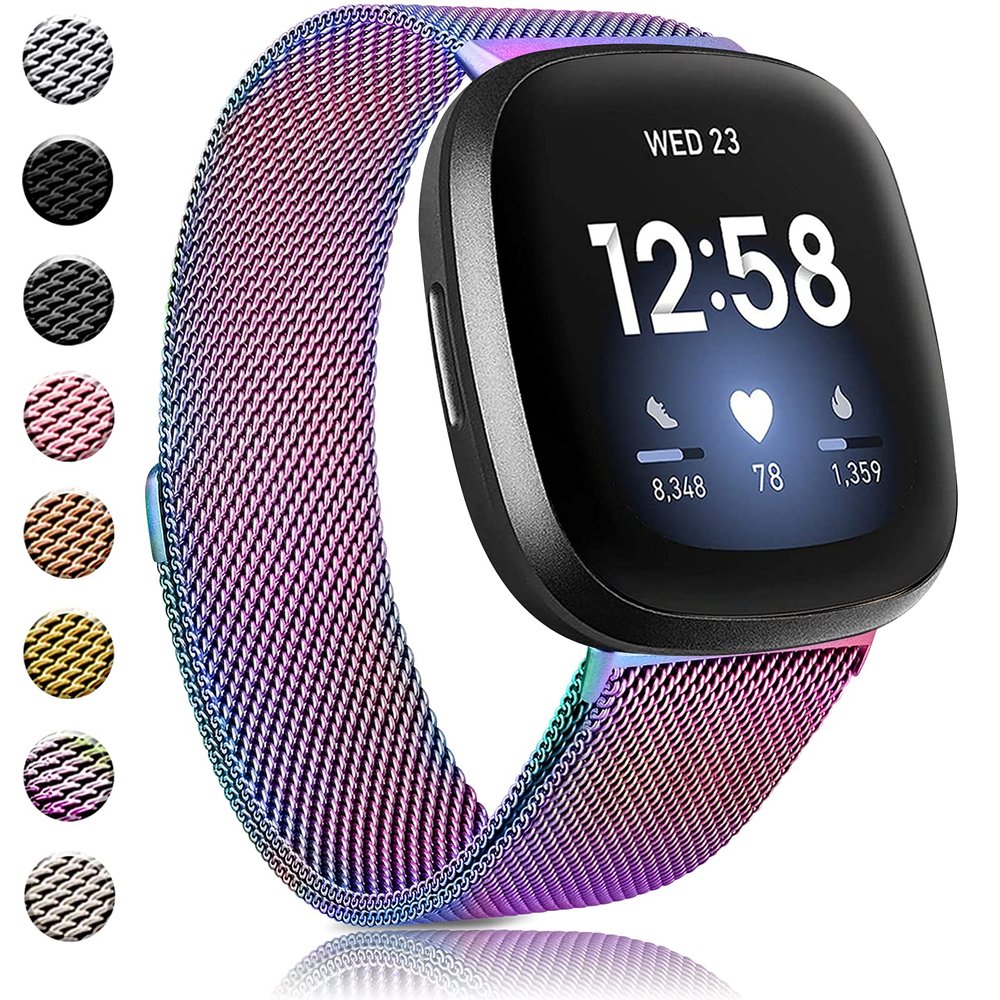 Amzpas Bands Compatible with Fitbit Versa 3 Fitbit Sense, Breathable Stainless Steel Loop Mesh Magnetic Adjustable Wristband for Fitbit Versa 3 / Sense for Women and Men(Colorful,Small)