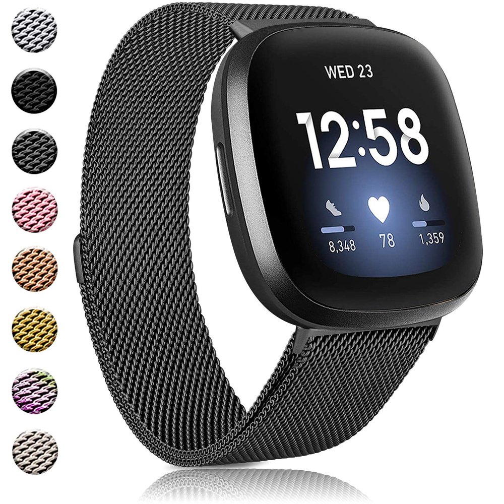 Amzpas Bands Compatible with Fitbit Versa 3 Fitbit Sense, Breathable Stainless Steel Loop Mesh Magnetic Adjustable Wristband for Fitbit Versa 3 / Sense for Women and Men(.Black,Large)