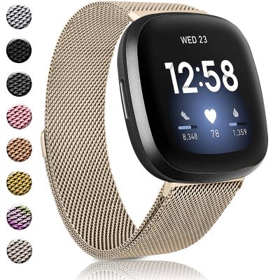 Amzpas Bands Compatible with Fitbit Versa 3 Fitbit Sense, Breathable Stainless Steel Loop Mesh Magnetic Adjustable Wristband for Fitbit Versa 3 / Sense for Women and Men(Champagne,Large)