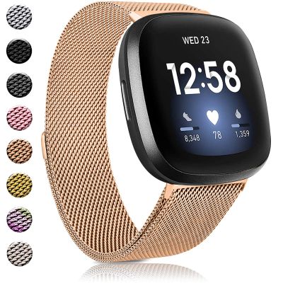 Amzpas Bands Compatible with Fitbit Versa 3 Fitbit Sense, Breathable Stainless Steel Loop Mesh Magnetic Adjustable Wristband for Fitbit Versa 3 / Sense for Women and Men(.Rose Gold,Large)
