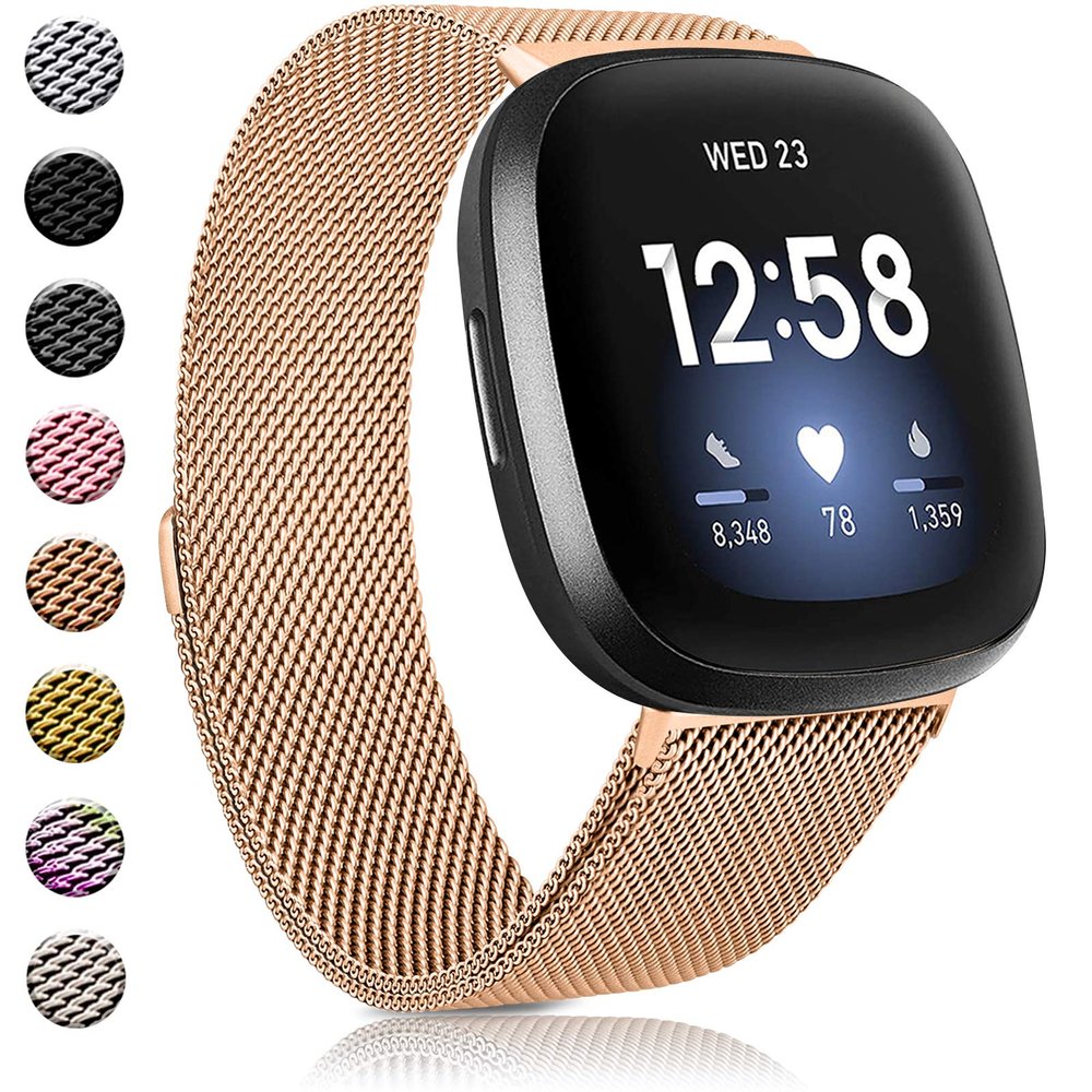 Amzpas Bands Compatible with Fitbit Versa 3 Fitbit Sense, Breathable Stainless Steel Loop Mesh Magnetic Adjustable Wristband for Fitbit Versa 3 / Sense for Women and Men(.Rose Gold,Large)