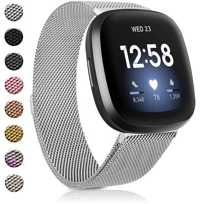 Amzpas Bands Compatible with Fitbit Versa 3 Fitbit Sense, Breathable Stainless Steel Loop Mesh Magnetic Adjustable Wristband for Fitbit Versa 3 / Sense for Women and Men(.Silver,Small)