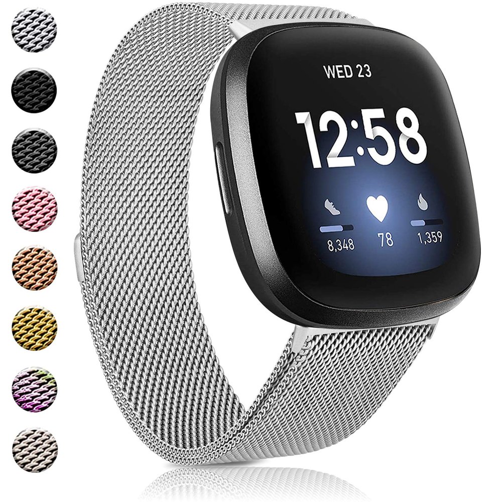 Amzpas Bands Compatible with Fitbit Versa 3 Fitbit Sense, Breathable Stainless Steel Loop Mesh Magnetic Adjustable Wristband for Fitbit Versa 3 / Sense for Women and Men(.Silver,Small)