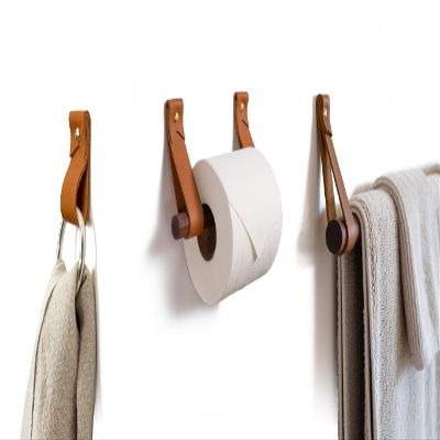 Bathroom Fixture Kit includes leather & wood Toilet Paper Roll Holder, Bath Towel Rail, leather & brass hanging Hand Towel Ring hook with gold hardware, straps are wall mounted, accessories rack