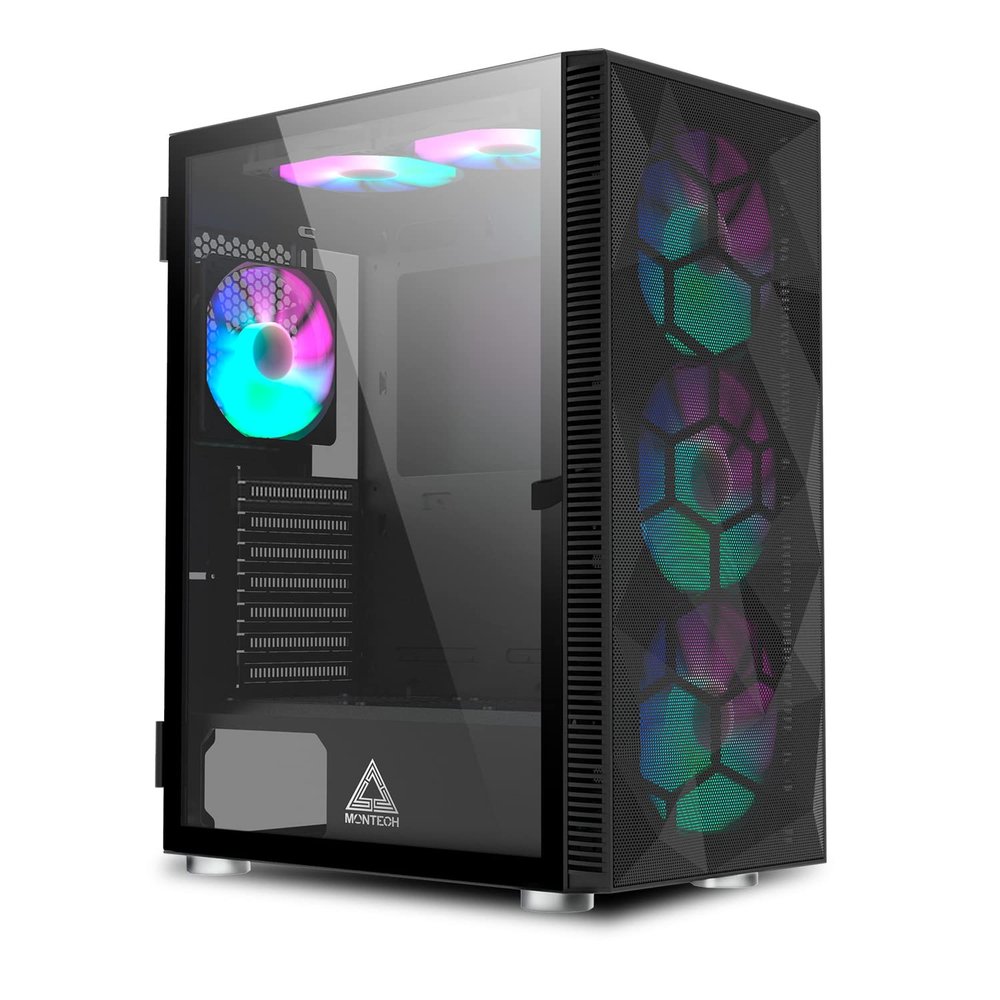 Montech X3 Mesh, 6 Fans - 3X 140mm & 3X 120mm Fixed RGB Lighting Fans, ATX Mid-Tower PC Gaming Case, USB3.0, Door Open Tempered Glass Side Panel, High Airflow, Black