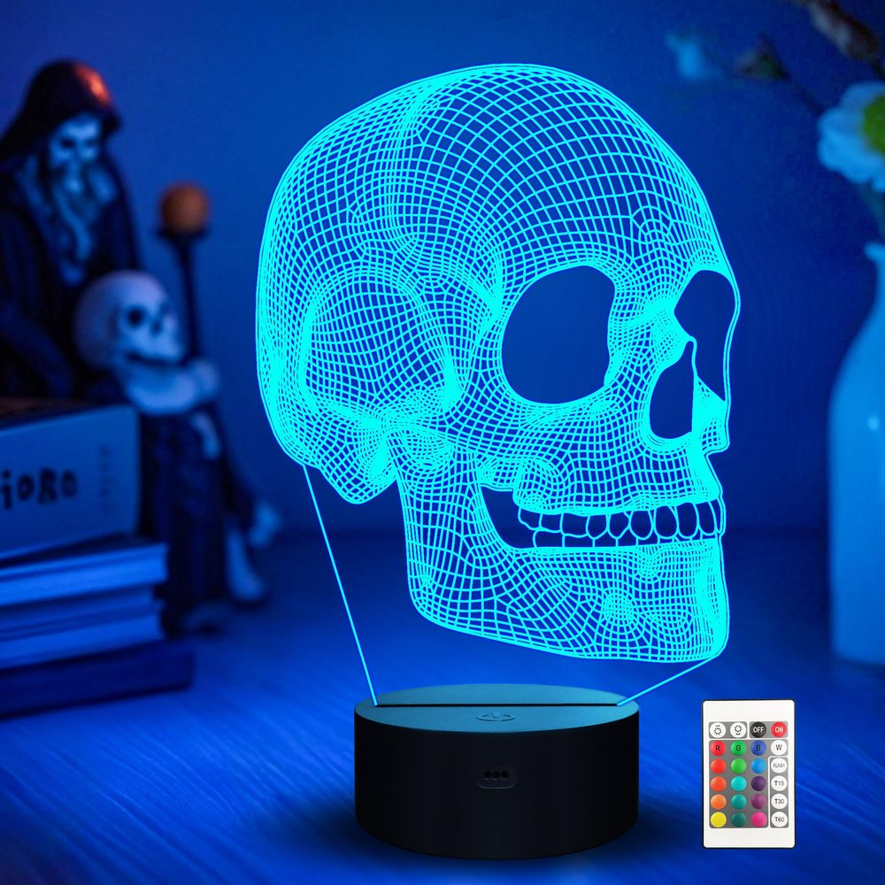 Ammonite Skull Night Light for Kids, 3D Illusion Lamp LED Desk Table Lamp 16 Colors Change with Remote Control and Timing Function, Best Christmas Halloween Birthday Gift for Child Boys