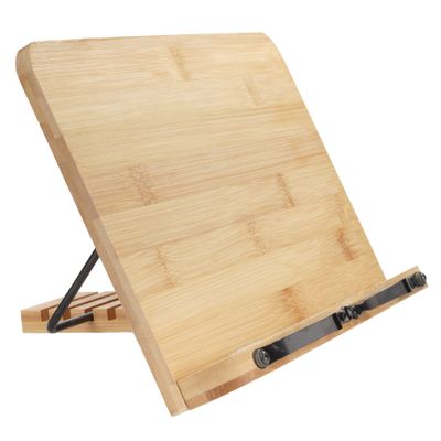 BambooMN Universal Bamboo Book Stand, for Cookbooks, Reading, Cell Phone, Art, Sheet Music, Tablet - Portable and Foldable with 5 Position Adjustable Tilt - 10 Units