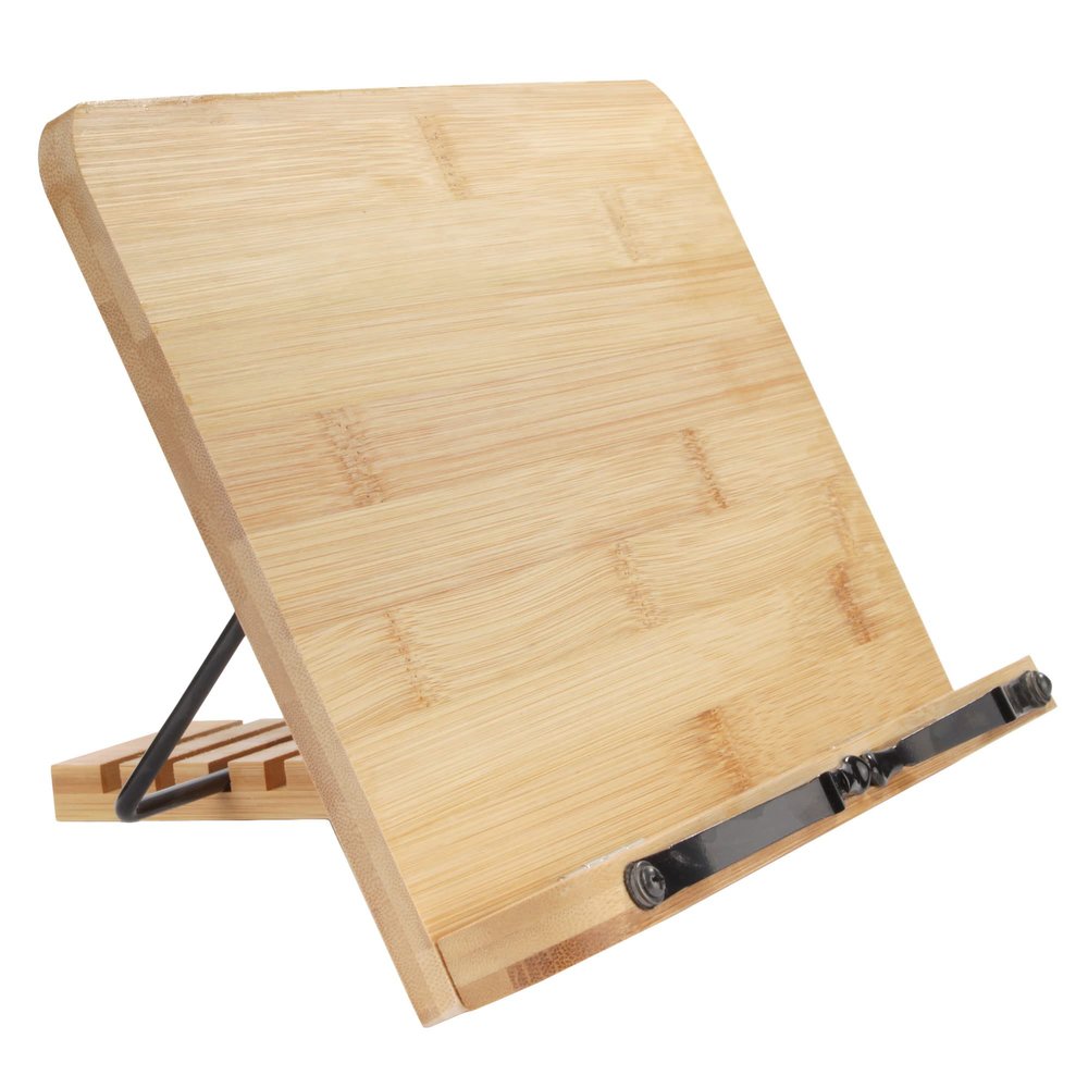 BambooMN Universal Bamboo Book Stand, for Cookbooks, Reading, Cell Phone, Art, Sheet Music, Tablet - Portable and Foldable with 5 Position Adjustable Tilt - 10 Units