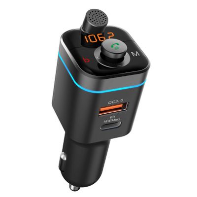 Bluetooth 5.0 FM Transmitter for Car, QC3.0+Type-C PD 18W Wireless Bluetooth FM Radio Adapter Bass Sound Music Player FM Car Kit with Hands-Free Calling