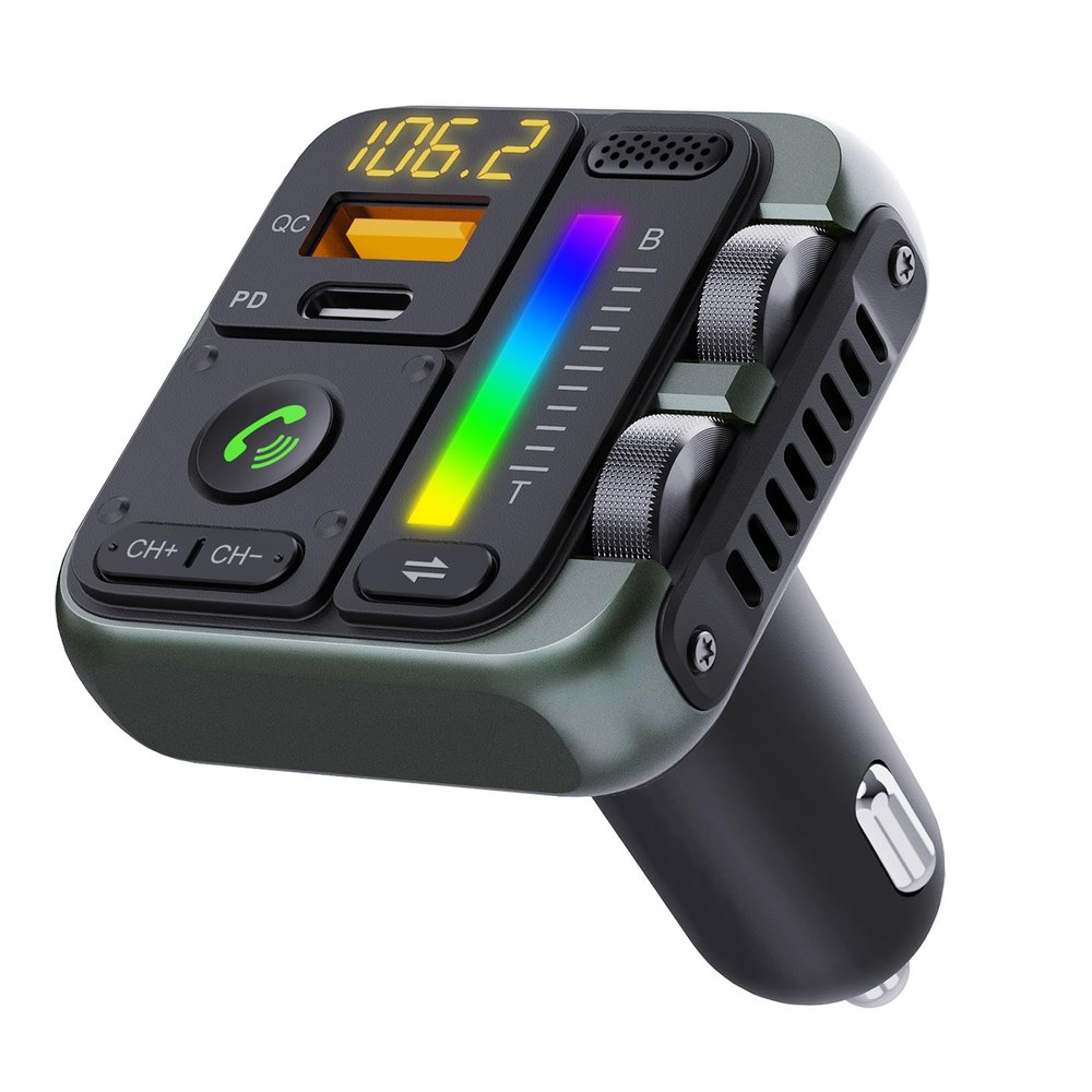 Bluetooth 5.0 Car FM Transmitter, QC3.0 Wireless Car Adapter Mp3 Music Player Car Kit with Hands-Free Calling, 7 Color LED Backlit Car Adapter