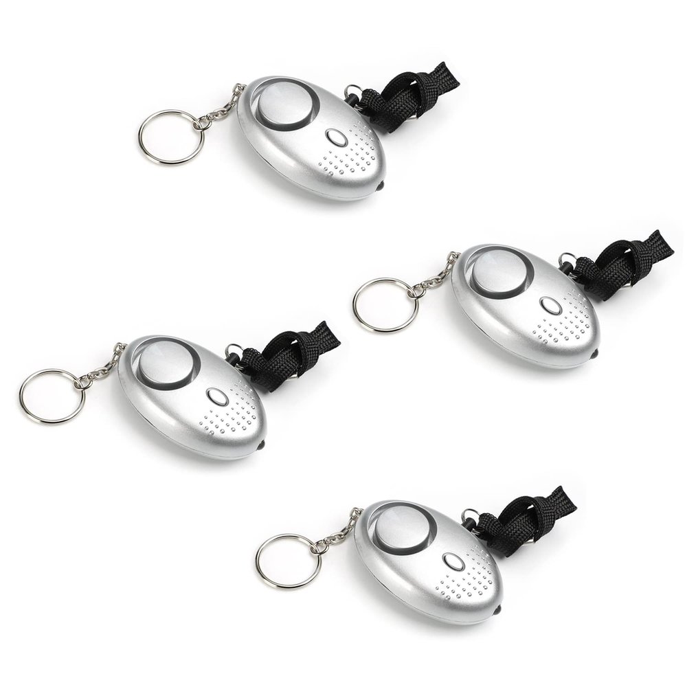 Aicosineg 4Pcs Safe Sound Personal Alarm 120DB Personal Security Alarm Keychain with LED Lights Emergency Safety Alarm Keychain for Women Men Children Bags Backpacks Suitcases Keys Silver