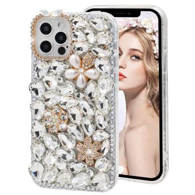 Diamond Case for Samsung Galaxy S21 5G,MOIKY Fashion 3D Bling Rhinestone Pearl Flower Case Clear Crystal Shiny Luxury Handmade Transparent Protective Cover Case for Samsung Galaxy S21 5G - White#2