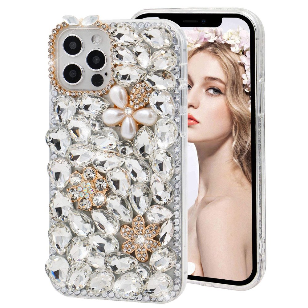 Diamond Case for Samsung Galaxy S21 5G,MOIKY Fashion 3D Bling Rhinestone Pearl Flower Case Clear Crystal Shiny Luxury Handmade Transparent Protective Cover Case for Samsung Galaxy S21 5G - White#2