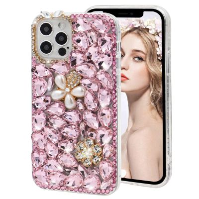 Diamond Case for Samsung Galaxy S21 5G,MOIKY Fashion 3D Bling Rhinestone Pearl Flower Case Clear Crystal Shiny Luxury Handmade Transparent Protective Cover Case for Samsung Galaxy S21 5G - Pink#2