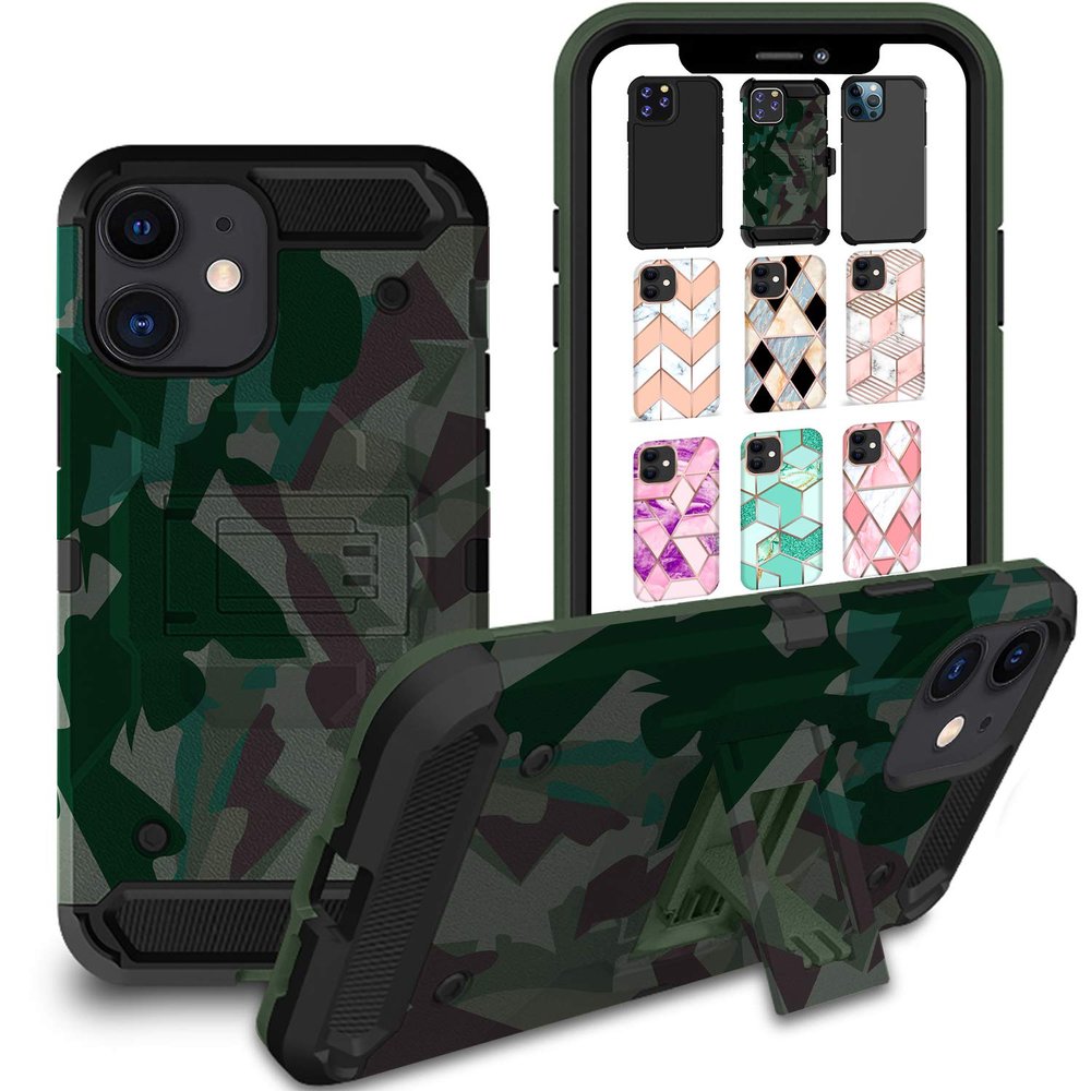 DuraSafe Cases for iPhone 11 6.1" 2019 A2111 A2223 A2221 Military Printed Rugged Heavy Duty Case with Kickstand - Military Green(Without Holster)
