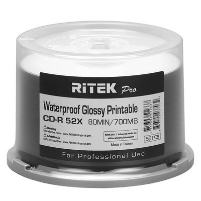 50 Pack Ritek Pro (Professional Grade) CD-R 52X 700MB Watershield Water Resistant Glossy White Inkjet Hub Printable Blank Recordable Disc,Light green,R80JS52-RTPWGN50CB