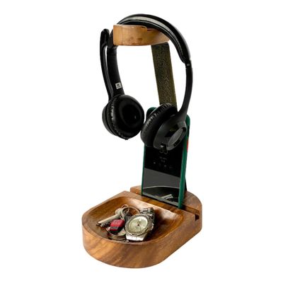 Headphone & Phone Stand, Dual Acacia Wood Holder with Tray, Desk Organizer