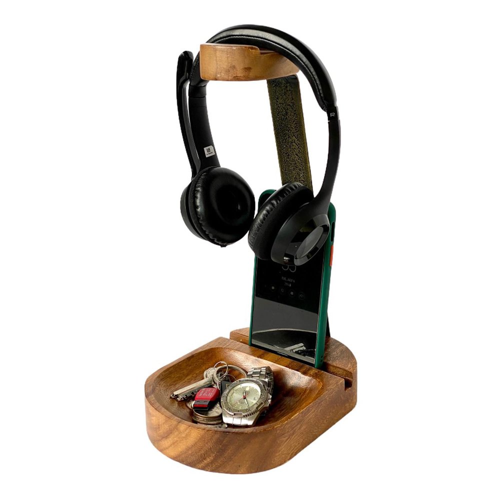 Headphone & Phone Stand, Dual Acacia Wood Holder with Tray, Desk Organizer