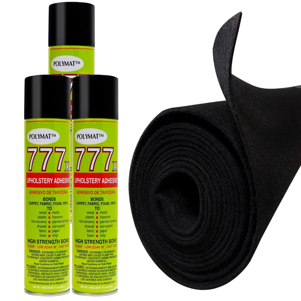 12FT x 45" Black Carpet ROLL + 3 CANS of 777 Glue for Polymat Series 35 Latex Backed-Carpet