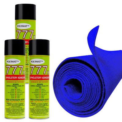 12FT x 3.75FT Blue Carpet ROLL + 3 CANS of 777 Glue for Polymat Series 35 Latex Backed Carpet
