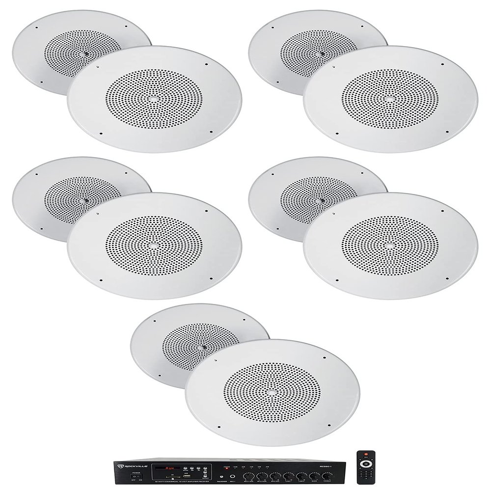 Rockville RCS80-1 Bundle: Commercial 60W 70V Amp Receiver, (10) 8" MC80 70V Ceiling Speakers, Background Music PA System, 11-Items