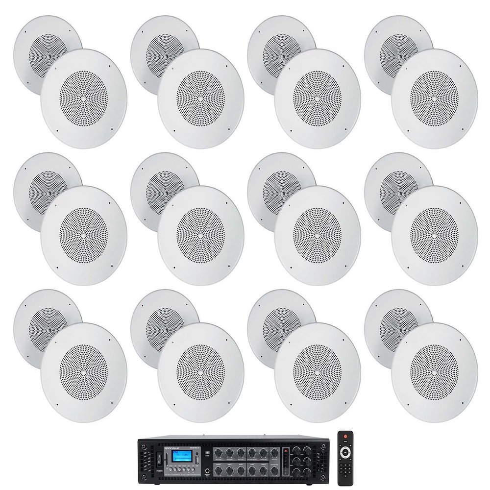 Rockville RCS180-6 Bundle: 180-Watt 6-Zone 70V Commercial Amplifier with Bluetooth, (12) Pair MC80 8 in Metal Ceiling Speakers for Office/Bar, 13-Items