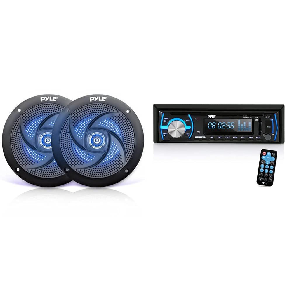 Pyle Low-Profile Waterproof Marine Speakers + Pyle Marine Bluetooth Stereo Radio - Boat Audio System Bundle