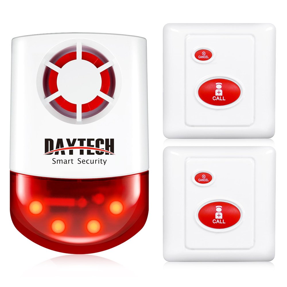 Daytech Wireless Emergency Alarm System-120dB Strobe Siren with Panic Buttons, 500ft Range, Waterproof Security Kit for Business/Home/Hotel/School (1 Red Siren+2 Buttons)