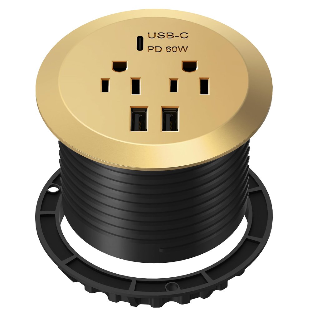 TOPGREENER GaN Desk Grommet with 65W PD for MacBook, Desktop Power Grommet with 1 Fast Charging USB-C Port, 2 USB-A Ports and Duplex Receptacles, TTRP48APD60-GD, Gold