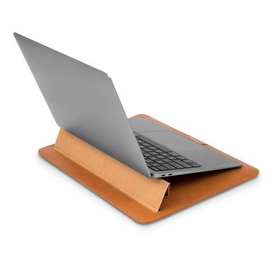 Moshi Muse Laptop Sleeve with Folding Stand for 13" MacBook/Laptop, Ergonomic 15-Degree Convertible Stand, Vegan Leather, Zipper-Less Magnetic Design, Microfiber Inner Lining, Caramel Brown