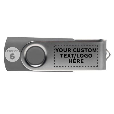 6 Swivel USB Flash Drives Pack, 8GB - Customizable Text, Logo - Pocket Size, Long Data Retention - Grey
