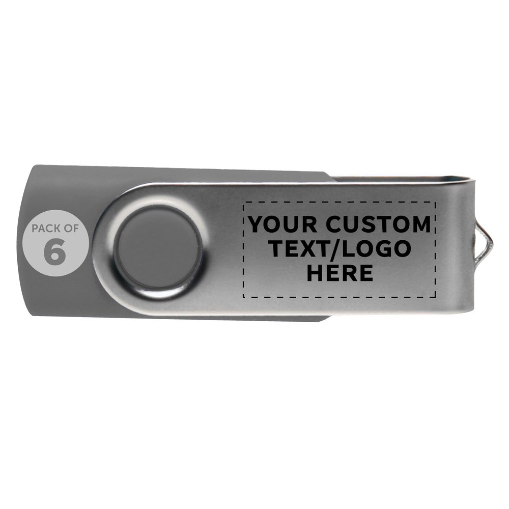 6 Swivel USB Flash Drives Pack, 8GB - Customizable Text, Logo - Pocket Size, Long Data Retention - Grey