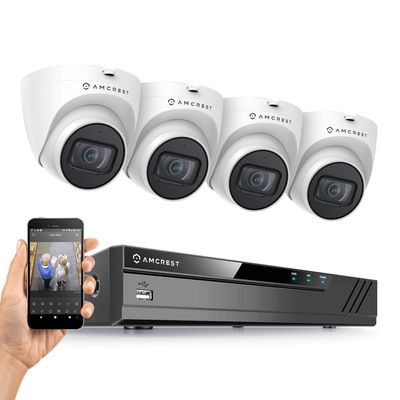 Amcrest 5MP Security Camera System, 4K 8CH PoE NVR, (4) x 5-Megapixel 2.8mm Wide Lens Weatherproof Metal Turret PoE IP Cameras, Built in Mic, Hard Drive Not Included, NV4108E-T1179EW4 (White)