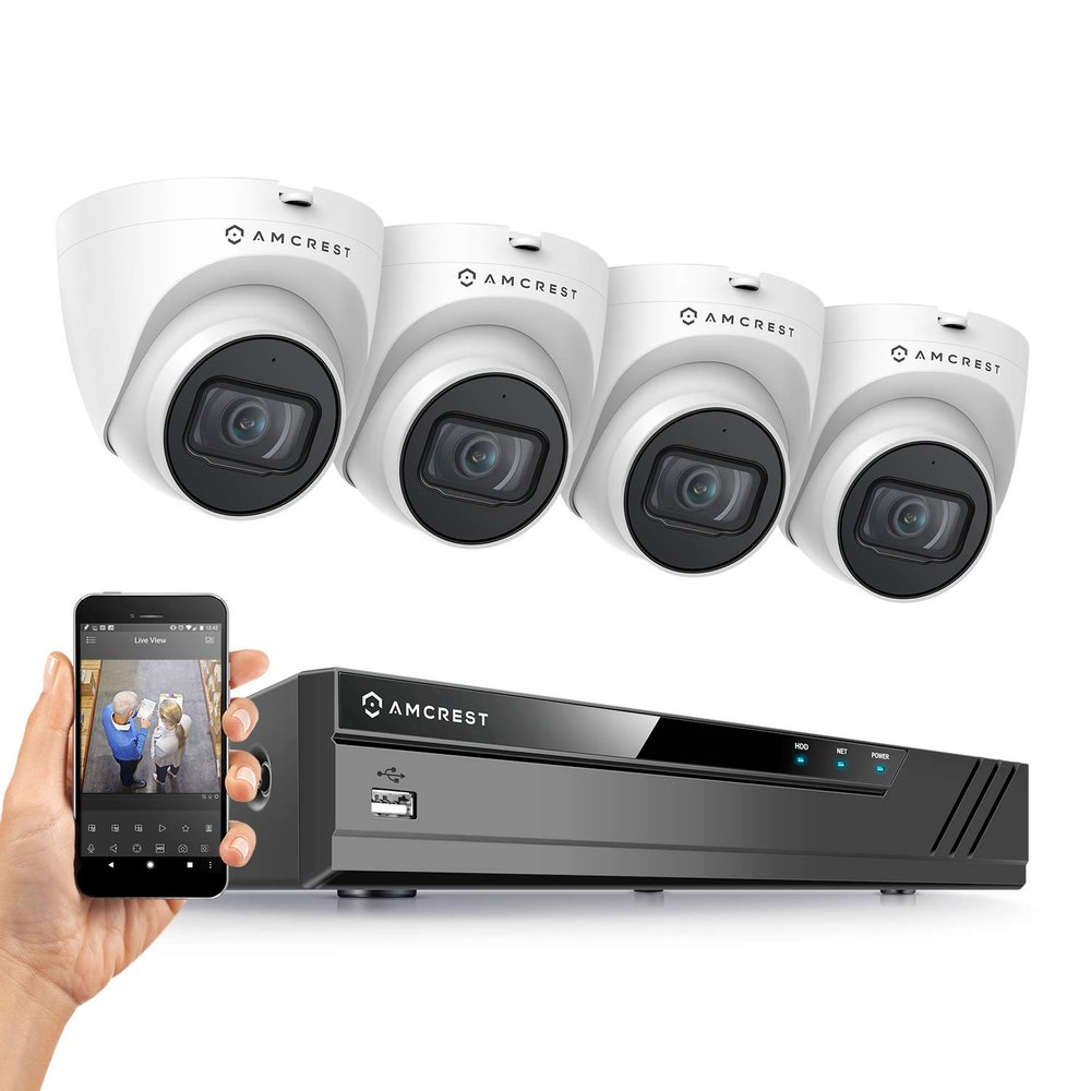 Amcrest 5MP Security Camera System, 4K 8CH PoE NVR, (4) x 5-Megapixel 2.8mm Wide Lens Weatherproof Metal Turret PoE IP Cameras, Built in Mic, Hard Drive Not Included, NV4108E-T1179EW4 (White)