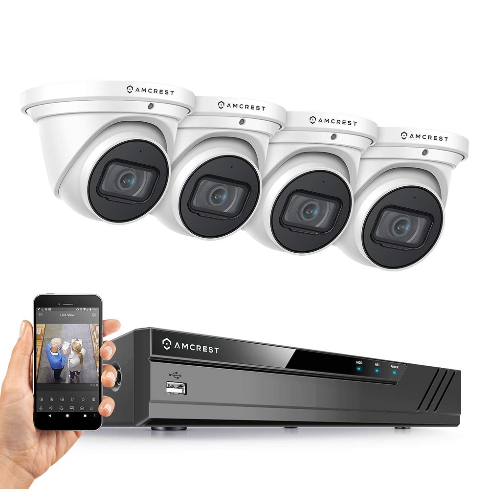 Amcrest 4K Security Camera System w/ 4K 8CH PoE NVR, (4) x 4K (8-Megapixel) IP67 Weatherproof Metal Turret Dome POE IP Cameras (3840x2160), 2.8mm Wide Angle Lens, NV4108E-IP8M-T2599EW4 (White)