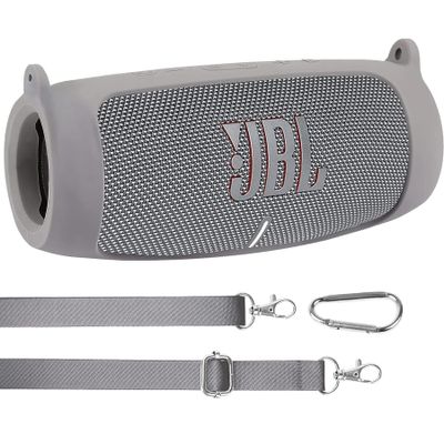 co2CREA for JBL Charge 5 Waterproof Bluetooth Speaker Silicone Cover Case, Portable Silicone Travel Case with Carabiner, Protective Skin Case (Grey Case)