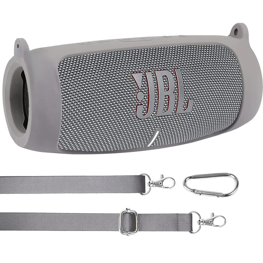 co2CREA for JBL Charge 5 Waterproof Bluetooth Speaker Silicone Cover Case, Portable Silicone Travel Case with Carabiner, Protective Skin Case (Grey Case)