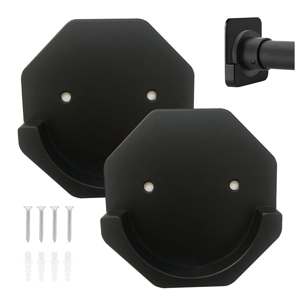 Shower Curtain Mounts 2 Pack Adhesive Brackets Stick On Wall Mounted Tension Rod Holders for Bathroom Curtain Hangers Stable Easy Installed Black Hexagon Rod Retainers