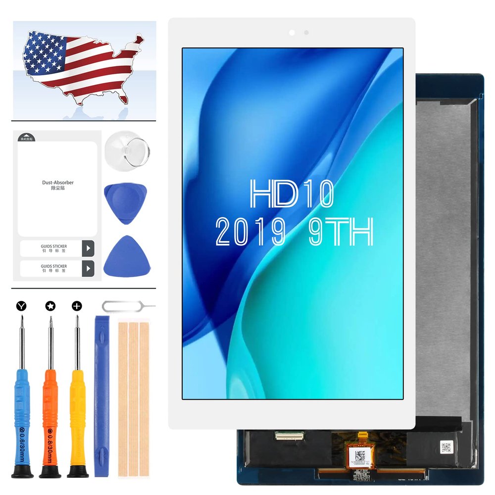 Screen Replacement for Amazon Fire HD 10 HD10 2019 9th Gen M2V3R5 LCD Display Touch Screen Digitizer Assembly Matrrix Full Glass Panel Lens Kits with Free Repair Tools (White)