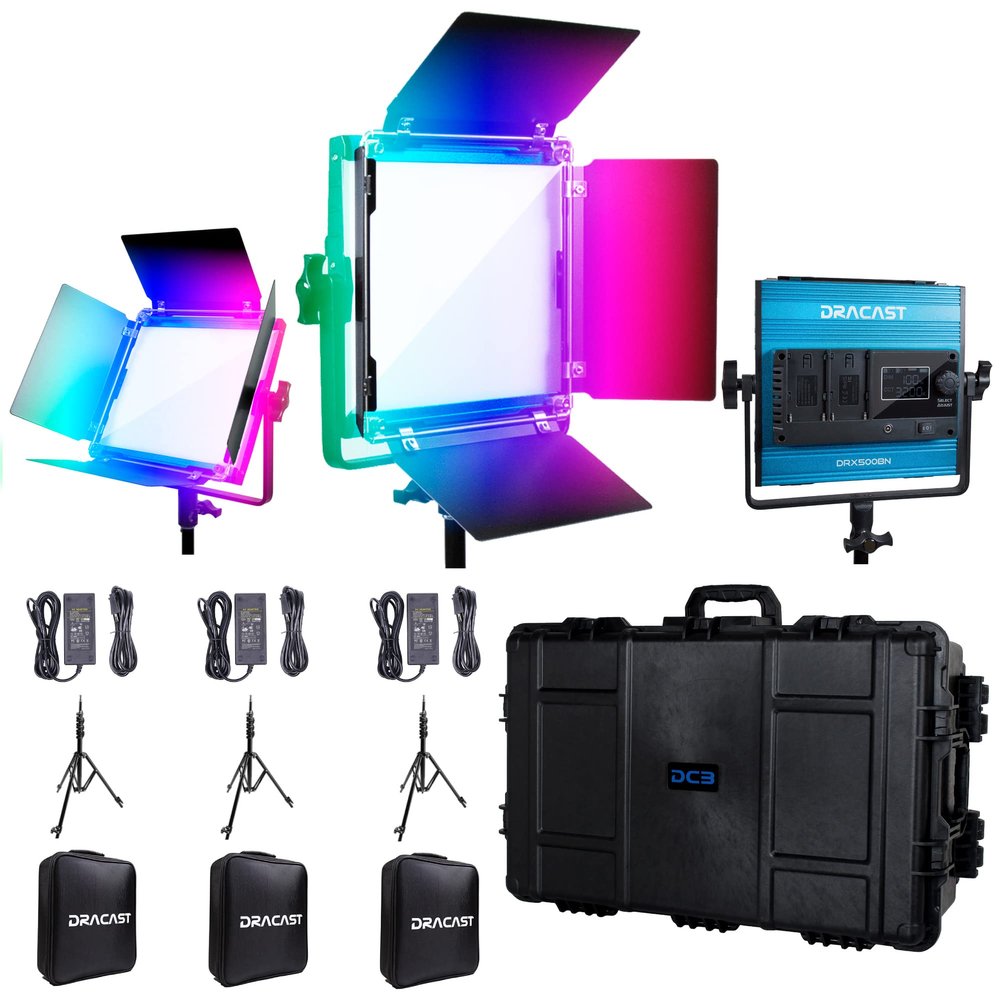 Dracast X Series RGB LED500 Kit with Injection Molded Travel Case - 3 Pack Includes Panel Lights, Stands, Barndoors | Bluetooth App Control | RGBWW LED Video Light Kit 2800K - 8000K | Dimmable 0-100%