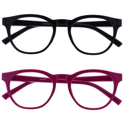 OPULIZE BLU Blue Light Blocking Reading Glasses for Women Men, Cool Round Frame with Anti-Glare Computer and Gaming Eyewear, UV and Eyestrain Protection, Black Pink +2.00 (Pack of 2)
