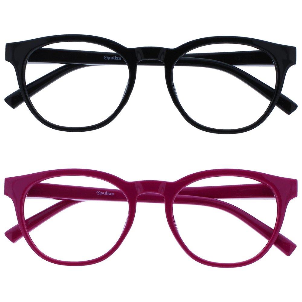 OPULIZE BLU Blue Light Blocking Reading Glasses for Women Men, Cool Round Frame with Anti-Glare Computer and Gaming Eyewear, UV and Eyestrain Protection, Black Pink +2.00 (Pack of 2)