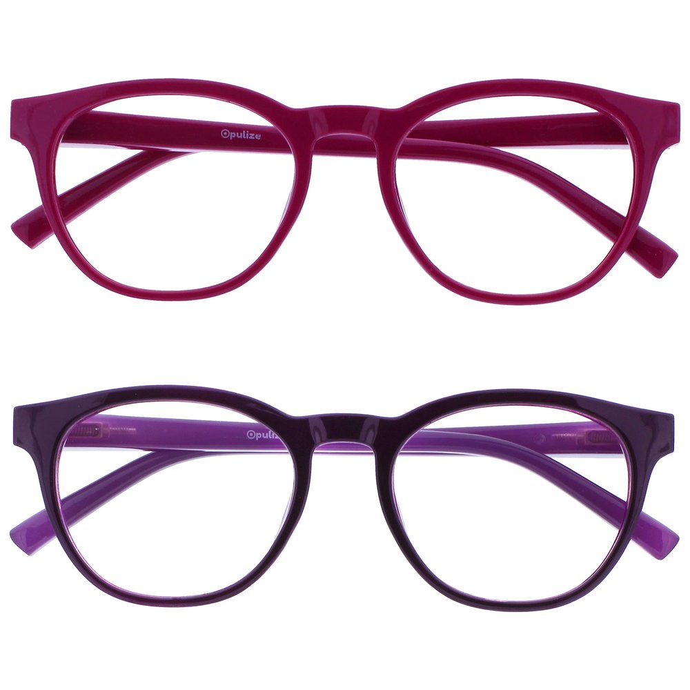 OPULIZE BLU Blue Light Blocking Reading Glasses for Women Men, Cool Round Frame with Anti-Glare Computer and Gaming Eyewear, UV and Eyestrain Protection, Pink Purple +3.50 (Pack of 2)