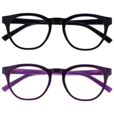 OPULIZE BLU Blue Light Blocking Reading Glasses for Women Men, Cool Round Frame with Anti-Glare Computer and Gaming Eyewear, UV and Eyestrain Protection, Black Puple +2.50 (Pack of 2)