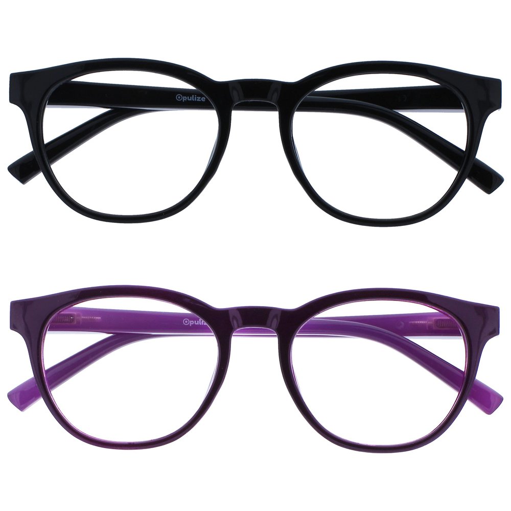 OPULIZE BLU Blue Light Blocking Reading Glasses for Women Men, Cool Round Frame with Anti-Glare Computer and Gaming Eyewear, UV and Eyestrain Protection, Black Puple +1.00 (Pack of 2)